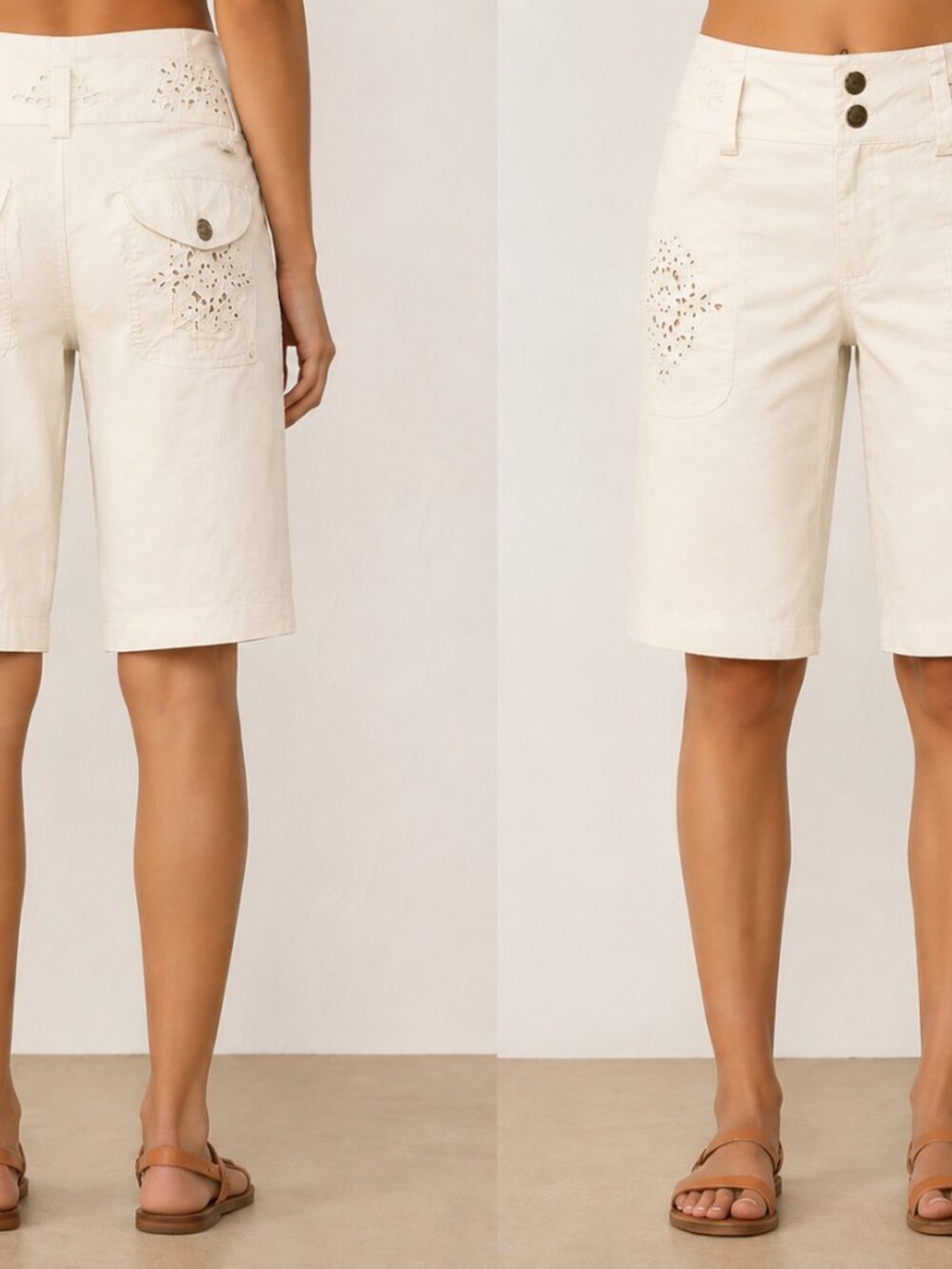 Cache Cream Eyelet Walking Bermuda Short Pant New City Short Stretch NWT $88 Sz6